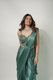 Emerald Elegance Drape Saree with Corset Blouse