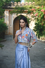 Floral Embroidered Jacket Top with Draped Skirt Set