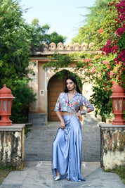 Floral Embroidered Jacket Top with Draped Skirt Set