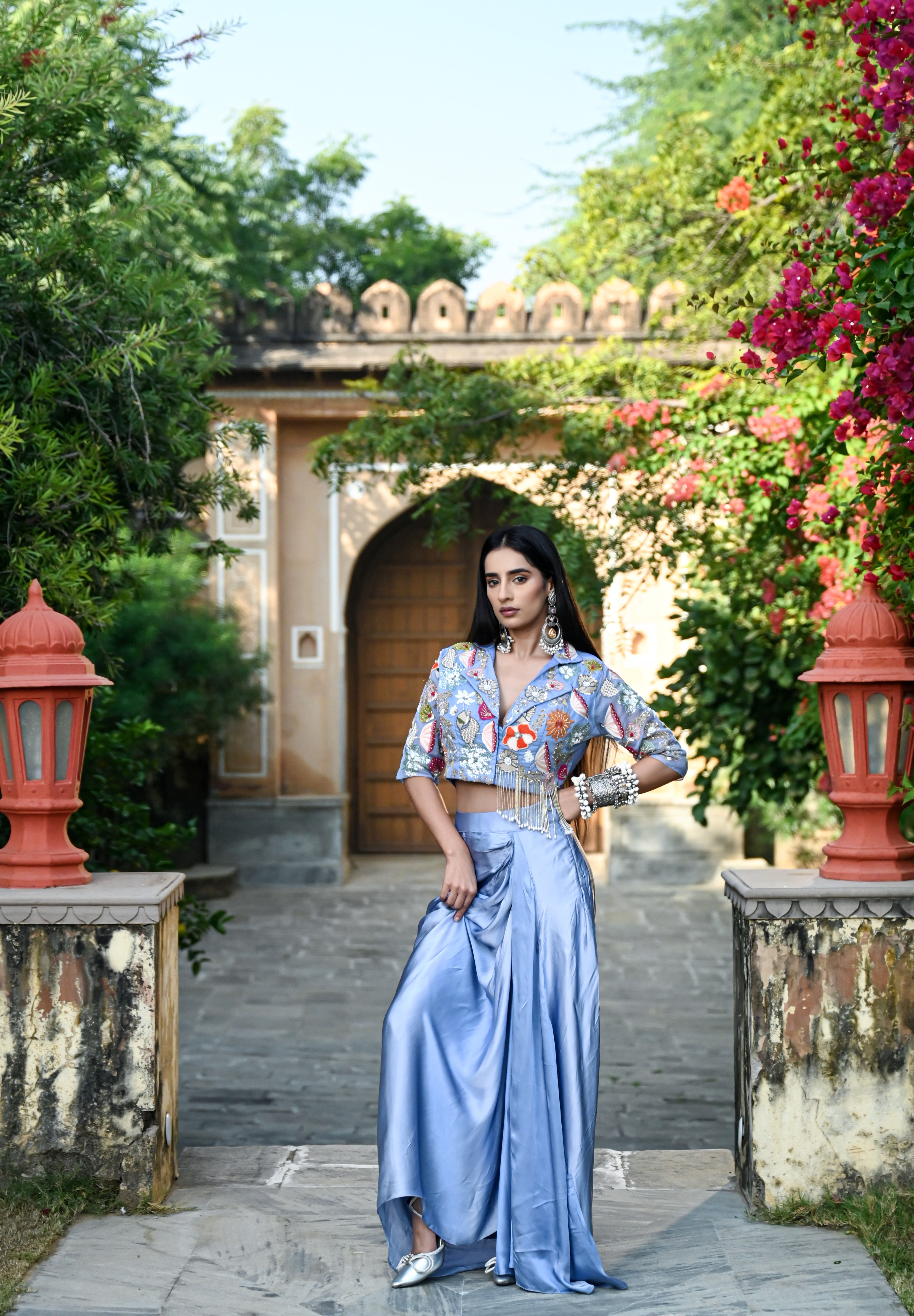 Floral Embroidered Jacket Top with Draped Skirt Set