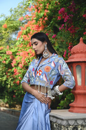 Floral Embroidered Jacket Top with Draped Skirt Set