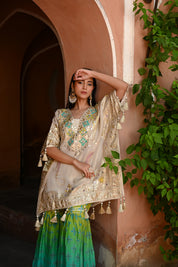 Model wearing a beige embroidered kurta with gold and turquoise detailing paired with a teal green sharara, styled with statement earrings and potli bag, posing in a heritage archway for Tulsi Studio festive wedding collection.