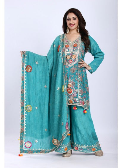 Rust Orange Kurta Palazzo Set with Dupatta in Crush Tissue Fabric