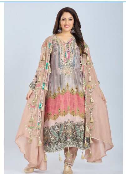 Sea Green Designer Kurti Set with Straight Pants and Jacket in Chinon & Organza