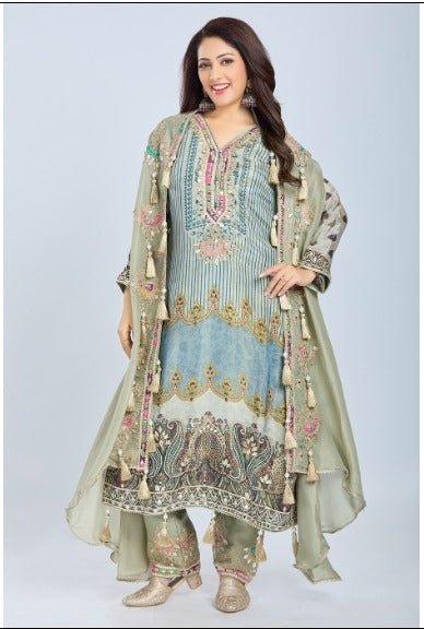 Sea Green Designer Kurti Set with Straight Pants and Jacket in Chinon & Organza