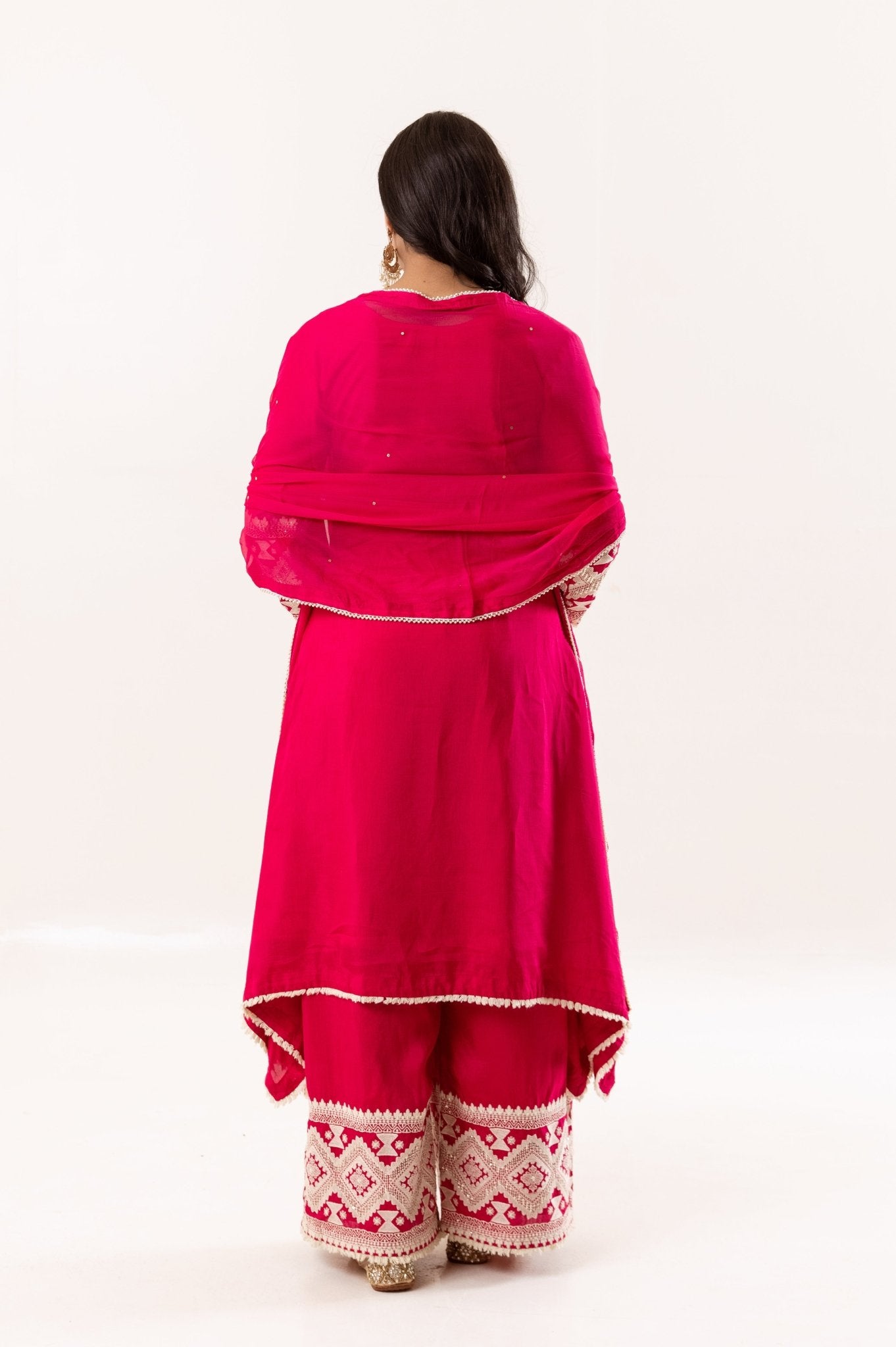 Bright Pink Embroidered Kurti and Embroidered with Dupatta Trousers Set - Tulsistudiolifestyletest