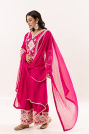 Bright Pink Embroidered Kurti and Embroidered with Dupatta Trousers Set - Tulsistudiolifestyletest