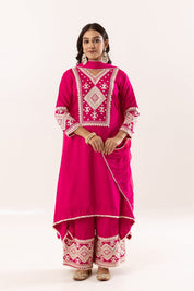 Bright Pink Embroidered Kurti and Embroidered with Dupatta Trousers Set - Tulsistudiolifestyletest