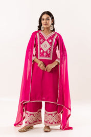 Bright Pink Embroidered Kurti and Embroidered with Dupatta Trousers Set - Tulsistudiolifestyletest