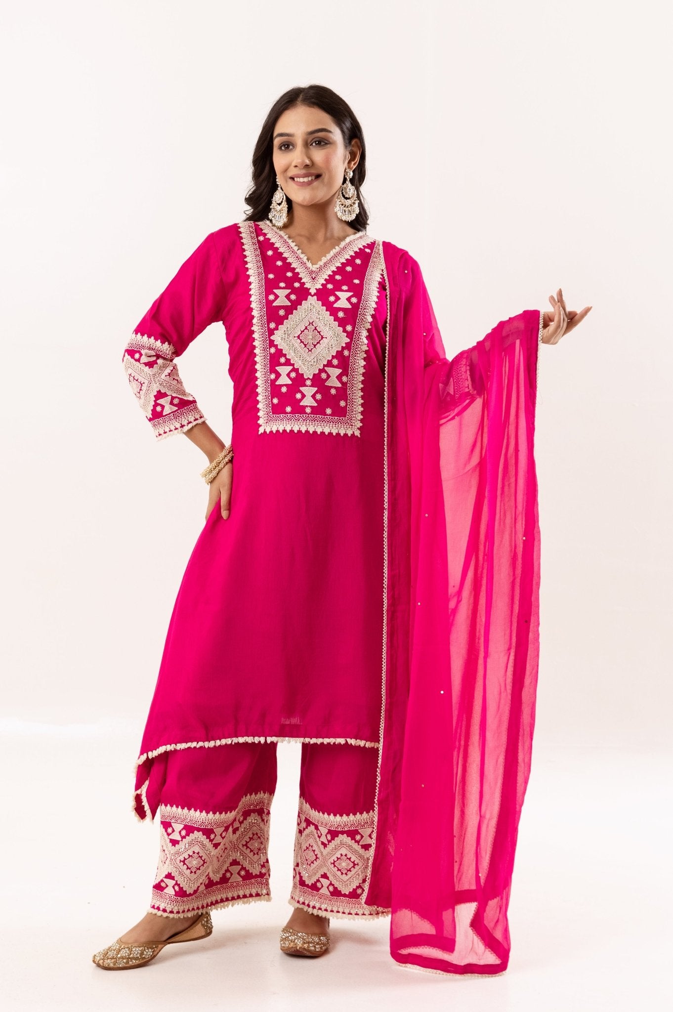 Bright Pink Embroidered Kurti and Embroidered with Dupatta Trousers Set - Tulsistudiolifestyletest