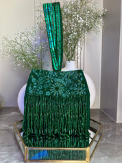 Elegant Green Embroidered Potli Bag with Beaded Tassels