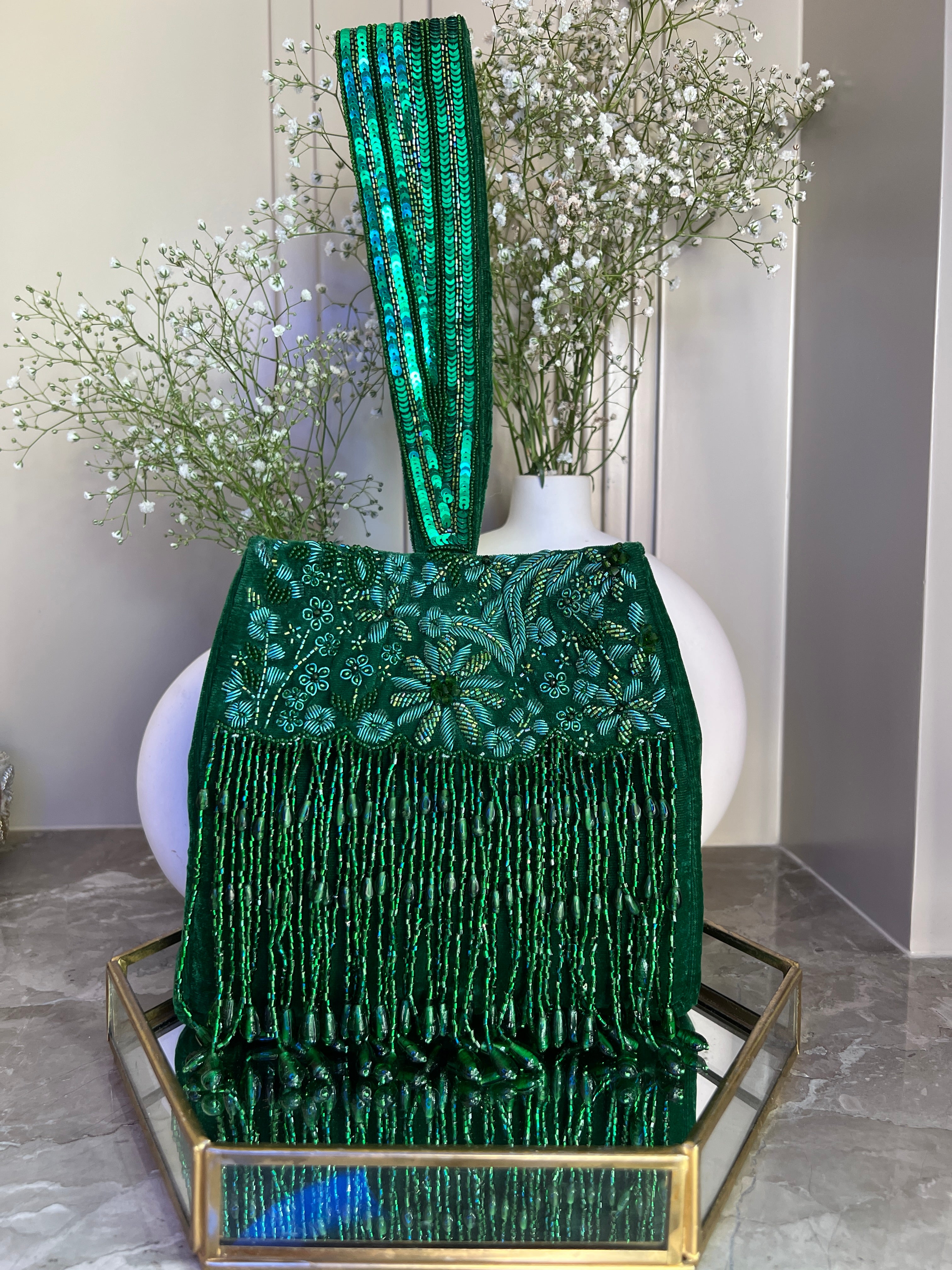 Elegant Green Embroidered Potli Bag with Beaded Tassels