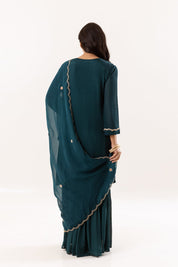 Handwork Kurti and Gharara Pant with Organza Dupatta Set – Teal - Tulsistudiolifestyletest