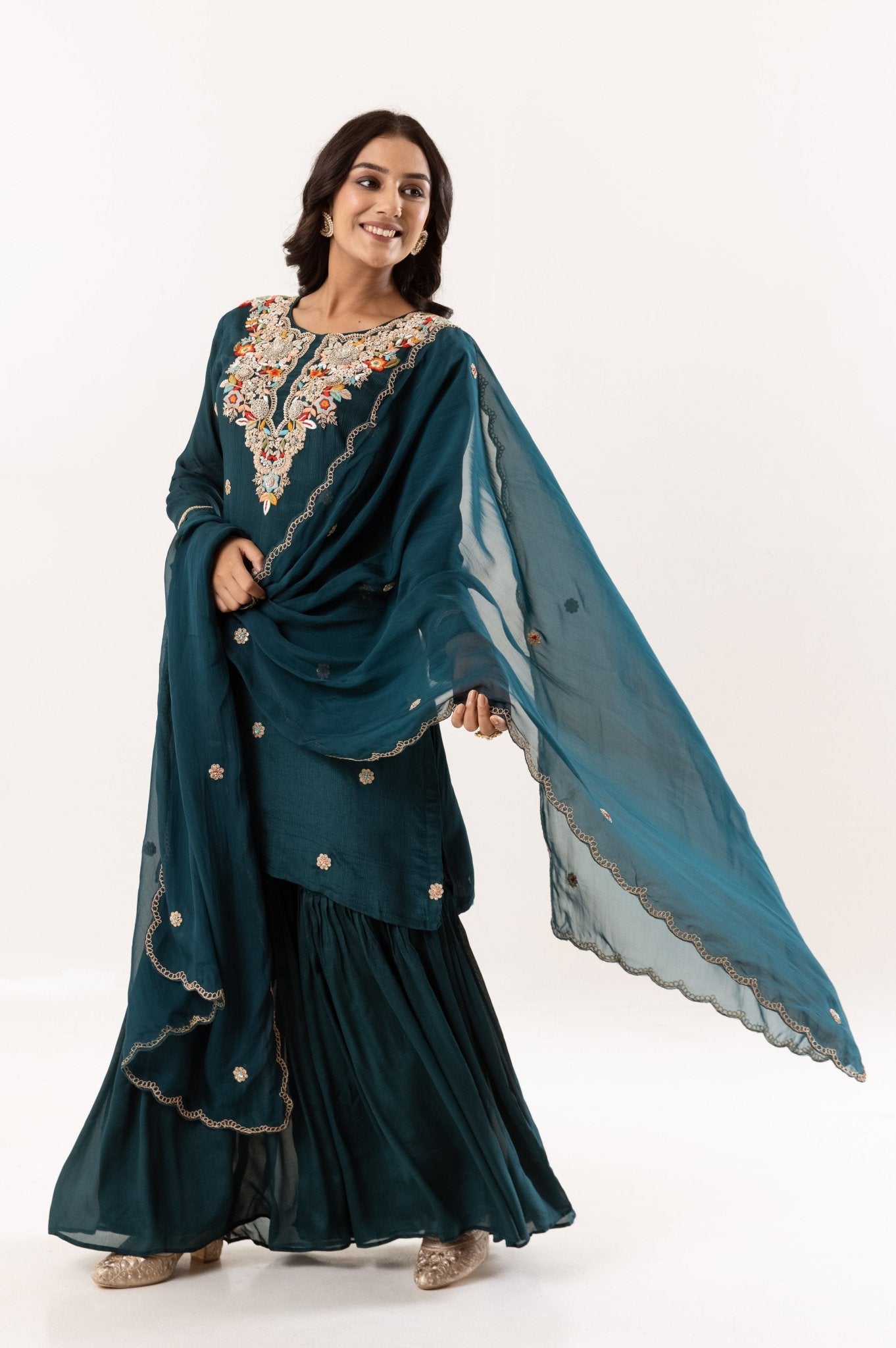 Handwork Kurti and Gharara Pant with Organza Dupatta Set – Teal - Tulsistudiolifestyletest