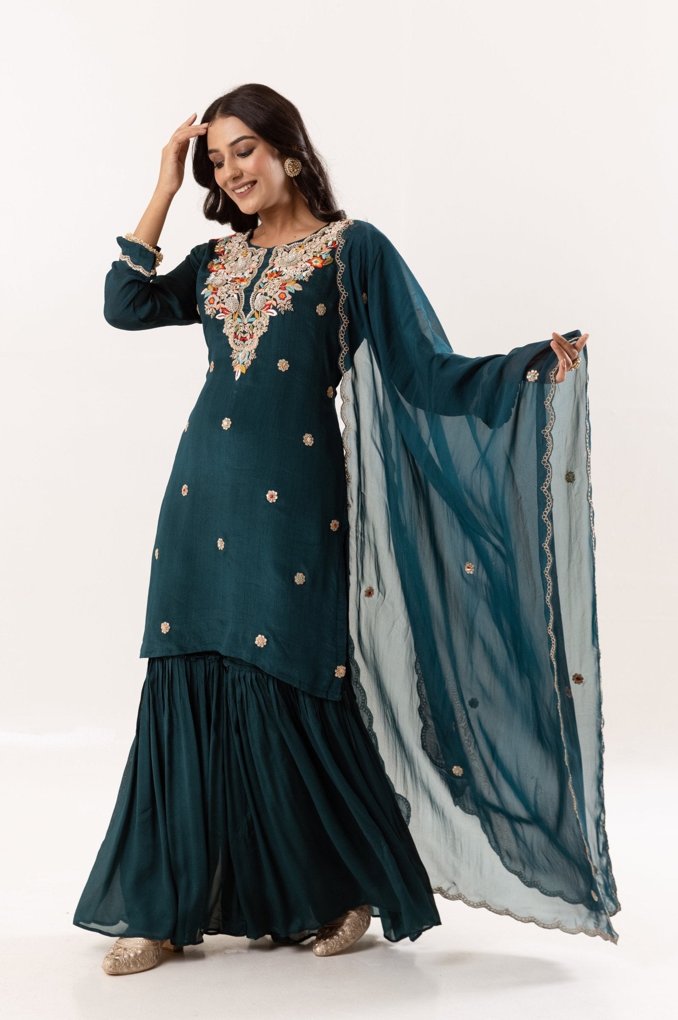 Handwork Kurti and Gharara Pant with Organza Dupatta Set – Teal - Tulsistudiolifestyletest