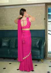 Hot Pink Floral embellished Blouse with Shimmer-Pleated Drape Style Sharara