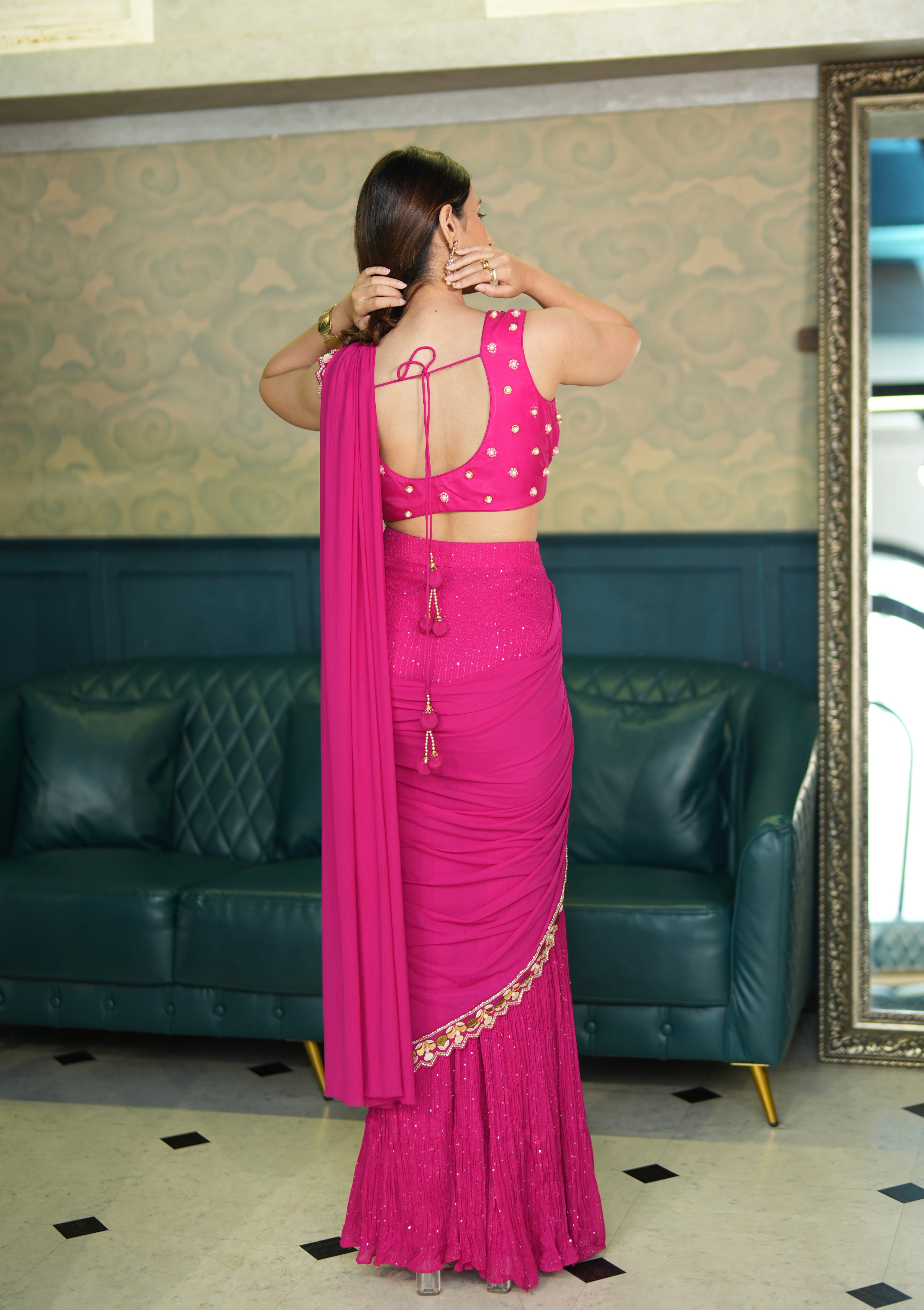 Hot Pink Floral embellished Blouse with Shimmer-Pleated Drape Style Sharara