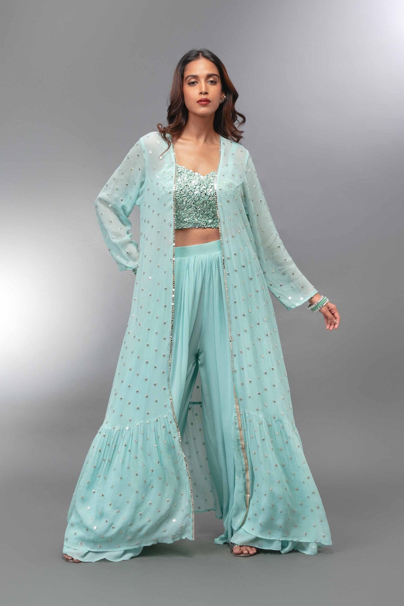 Light blue Croptop Palazzo With Long Shrug - Tulsistudiolifestyletest