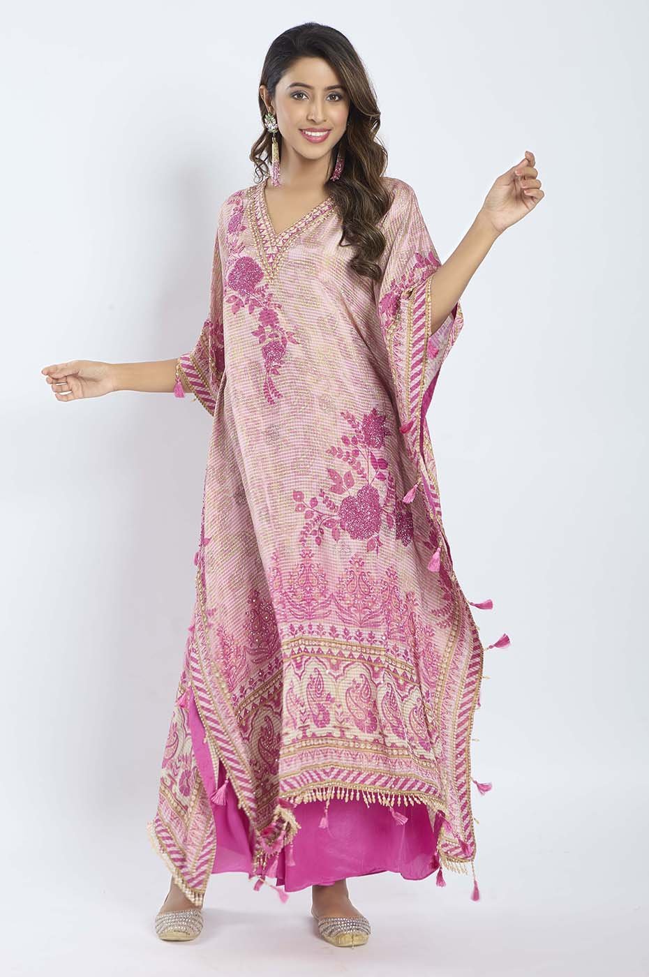 Magenta Tissue Kaftan with Crepe Palazzo featuring Stone, Pearl, and Mirror Work - Tulsistudiolifestyletest