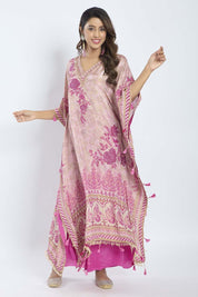 Magenta Tissue Kaftan with Crepe Palazzo featuring Stone, Pearl, and Mirror Work - Tulsistudiolifestyletest