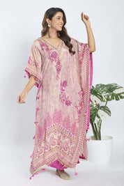 Magenta Tissue Kaftan with Crepe Palazzo featuring Stone, Pearl, and Mirror Work - Tulsistudiolifestyletest