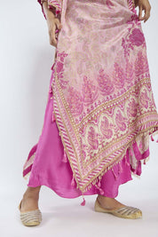 Magenta Tissue Kaftan with Crepe Palazzo featuring Stone, Pearl, and Mirror Work - Tulsistudiolifestyletest