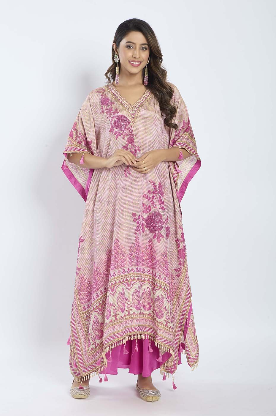 Magenta Tissue Kaftan with Crepe Palazzo featuring Stone, Pearl, and Mirror Work - Tulsistudiolifestyletest