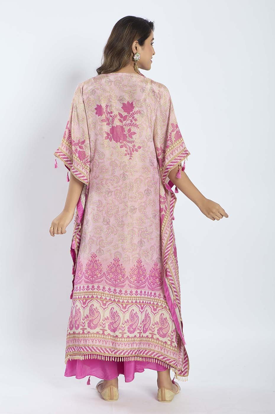 Magenta Tissue Kaftan with Crepe Palazzo featuring Stone, Pearl, and Mirror Work - Tulsistudiolifestyletest