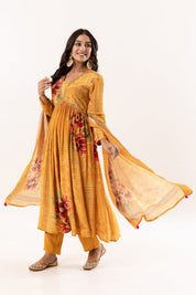 Mustard Yellow Floral Printed A - Line Kurti Set with Dupatta - Tulsistudiolifestyletest