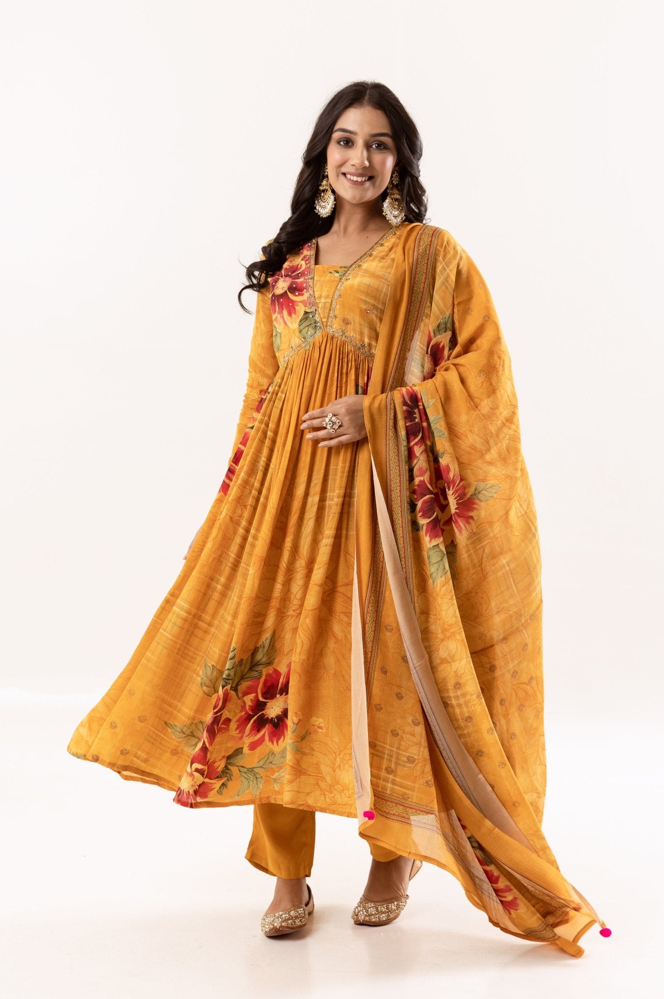 Mustard Yellow Floral Printed A - Line Kurti Set with Dupatta - Tulsistudiolifestyletest