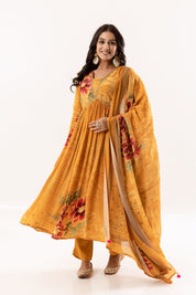 Mustard Yellow Floral Printed A - Line Kurti Set with Dupatta - Tulsistudiolifestyletest