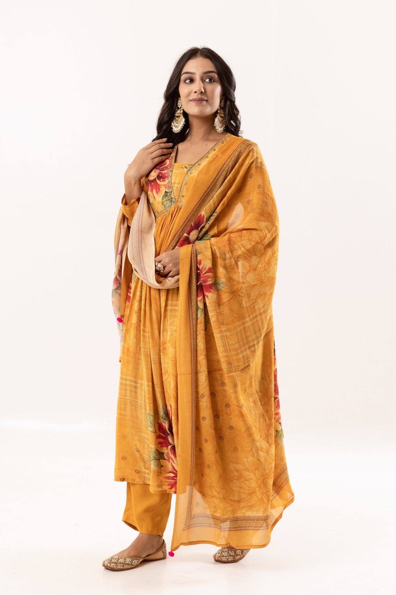 Mustard Yellow Floral Printed A - Line Kurti Set with Dupatta - Tulsistudiolifestyletest