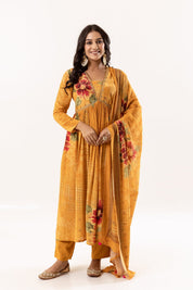 Mustard Yellow Floral Printed A - Line Kurti Set with Dupatta - Tulsistudiolifestyletest