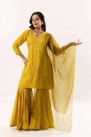 Mustard Yellow Kurti with Gharara Pants and Organza Dupatta - Tulsistudiolifestyletest