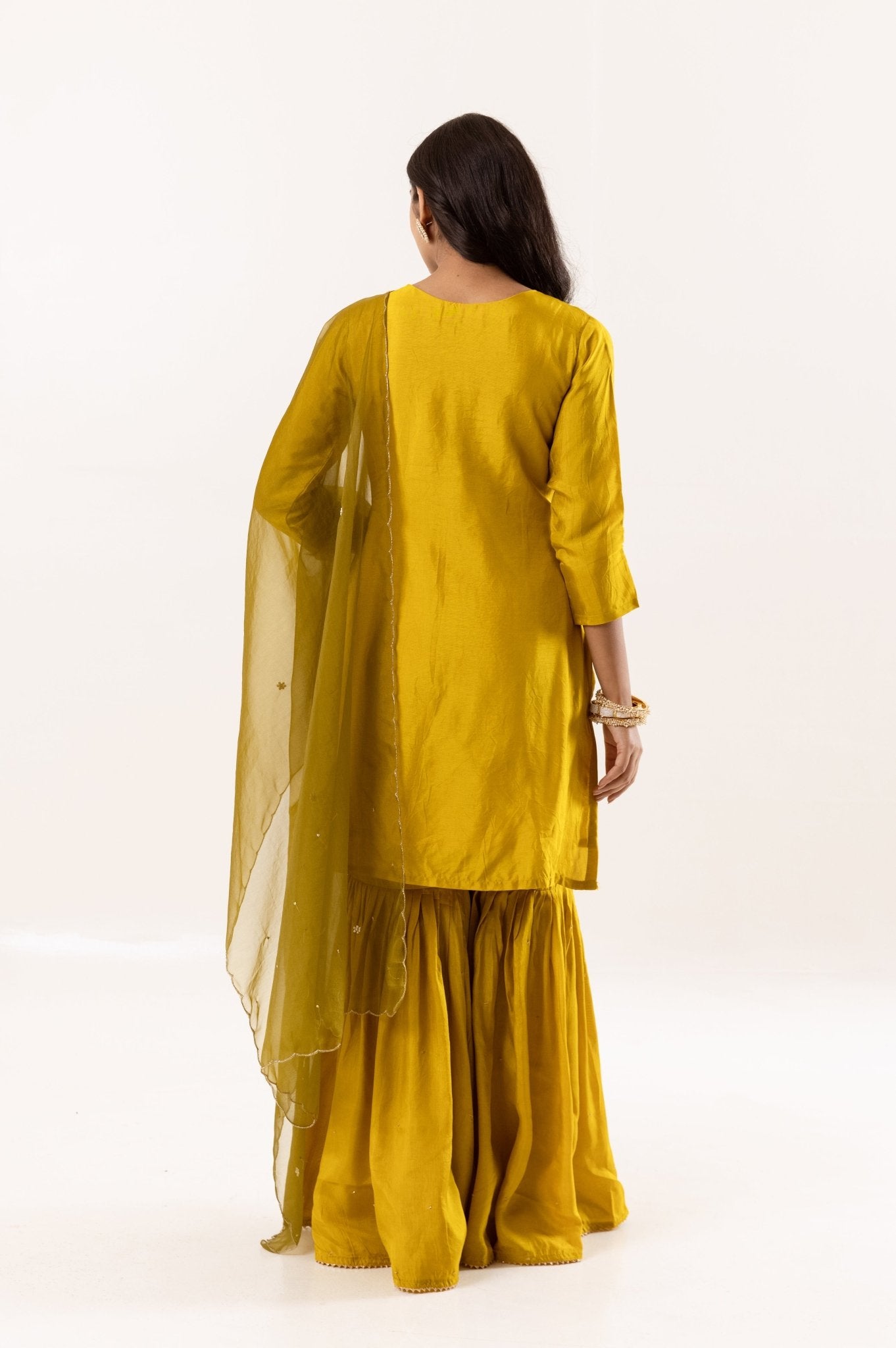 Mustard Yellow Kurti with Gharara Pants and Organza Dupatta - Tulsistudiolifestyletest