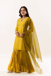 Mustard Yellow Kurti with Gharara Pants and Organza Dupatta - Tulsistudiolifestyletest