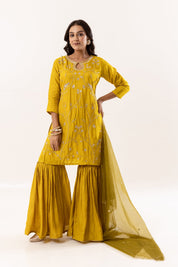 Mustard Yellow Kurti with Gharara Pants and Organza Dupatta - Tulsistudiolifestyletest