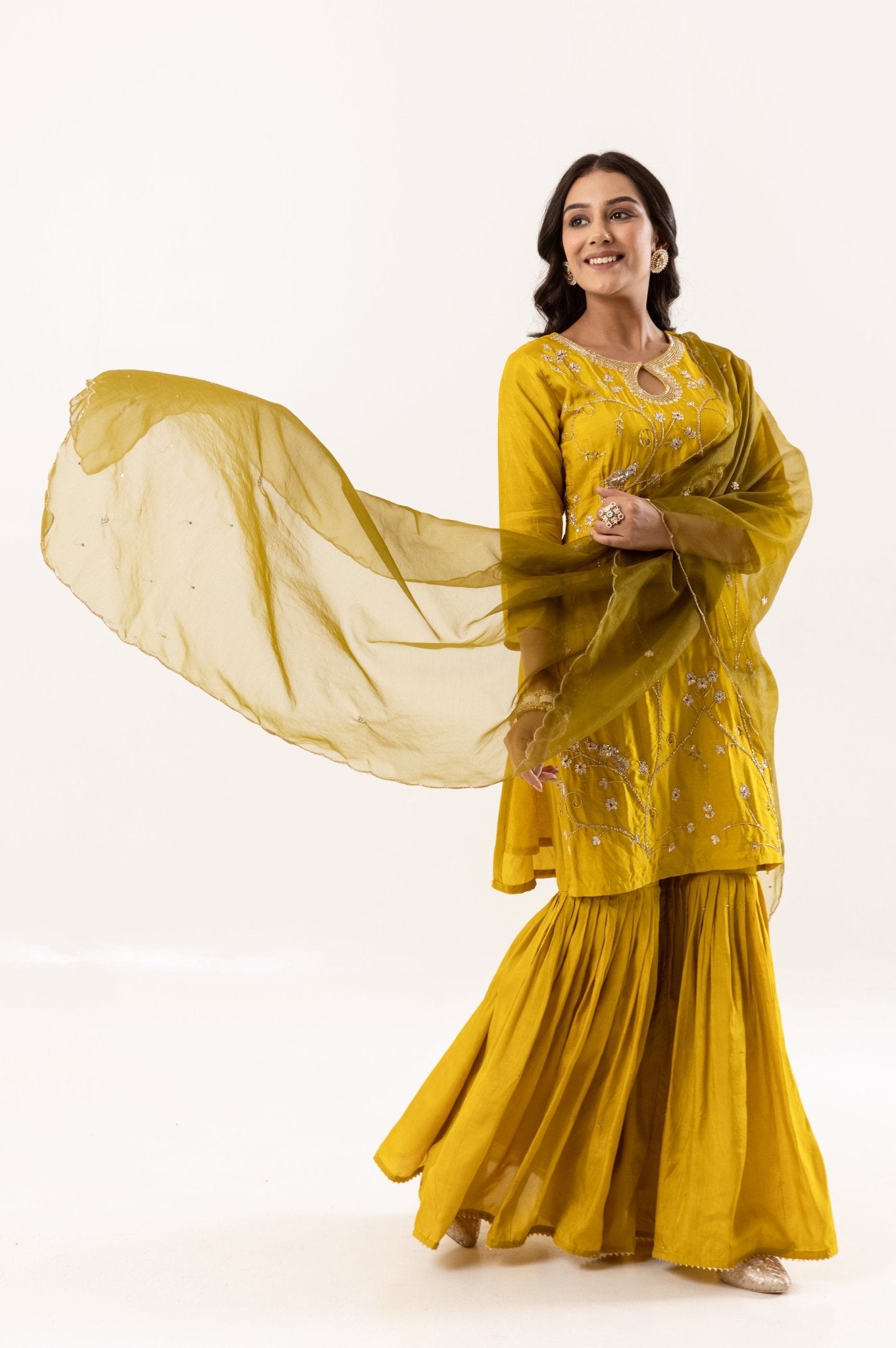 Mustard Yellow Kurti with Gharara Pants and Organza Dupatta - Tulsistudiolifestyletest