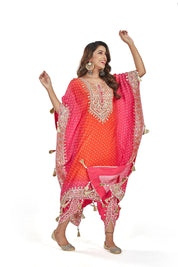 Orange With Bandhej Pattern Kaftan Dhoti Set - Tulsistudiolifestyletest