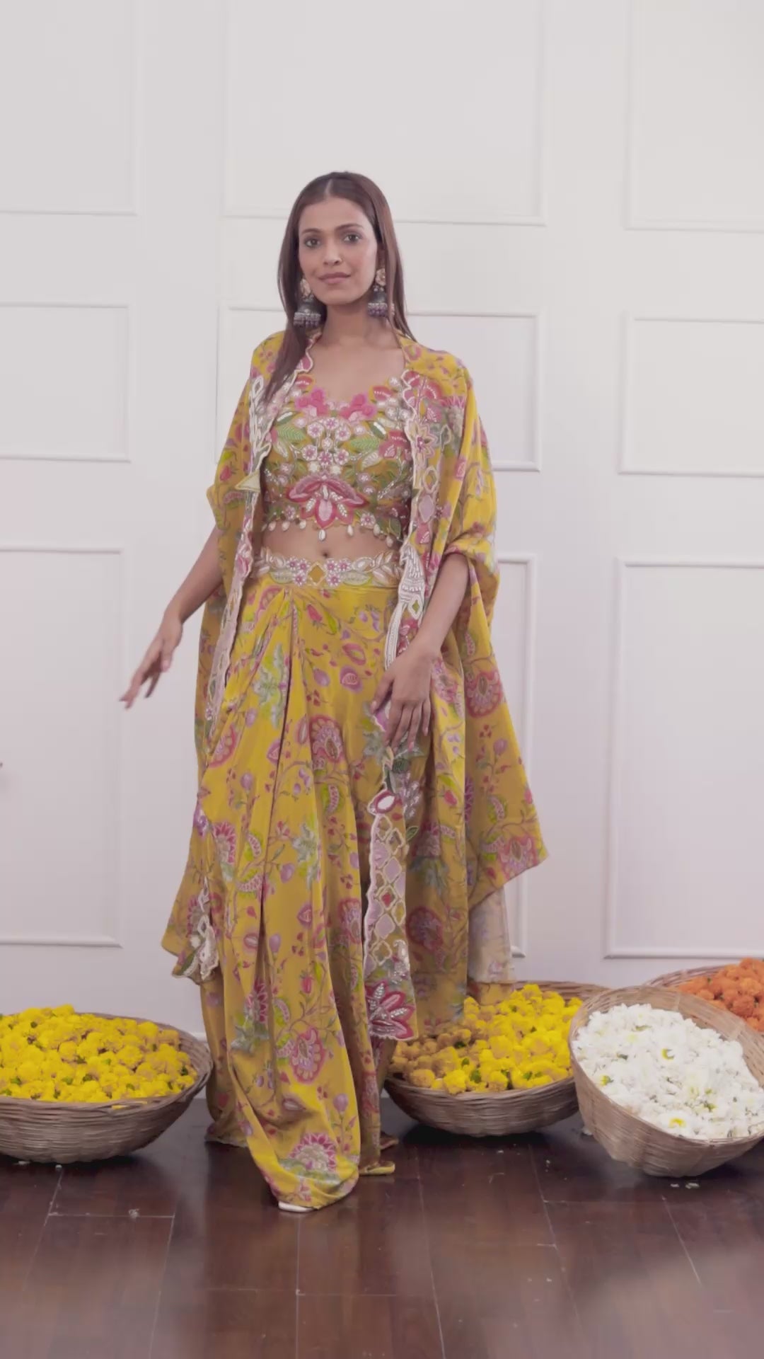 Vibrant Mustard Yellow Long Shrug Indo-Western Dress