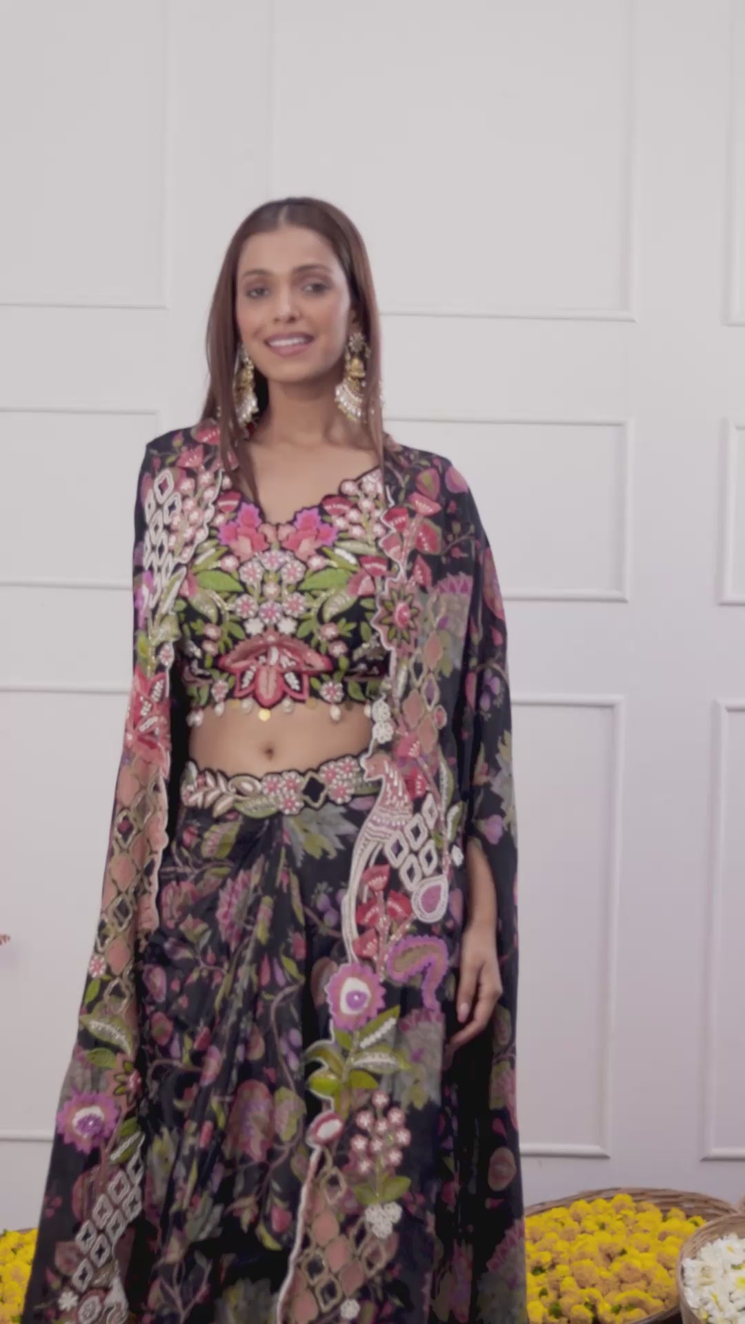 Luxurious Black Floral Long Shrug Indo-Western Dress