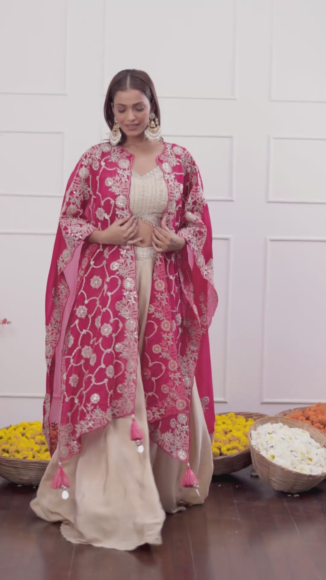 Deep Rani Pink Long Shrug Indo-Western Dress