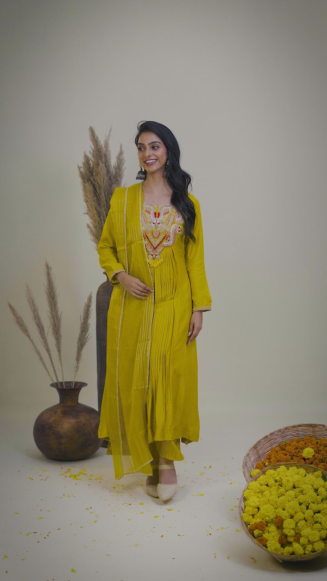 Yellow Pleated Suit Set