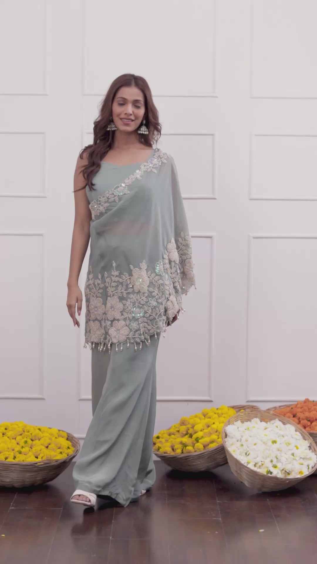 Elegant Steel Blue One Shoulder Indo-Western Dress