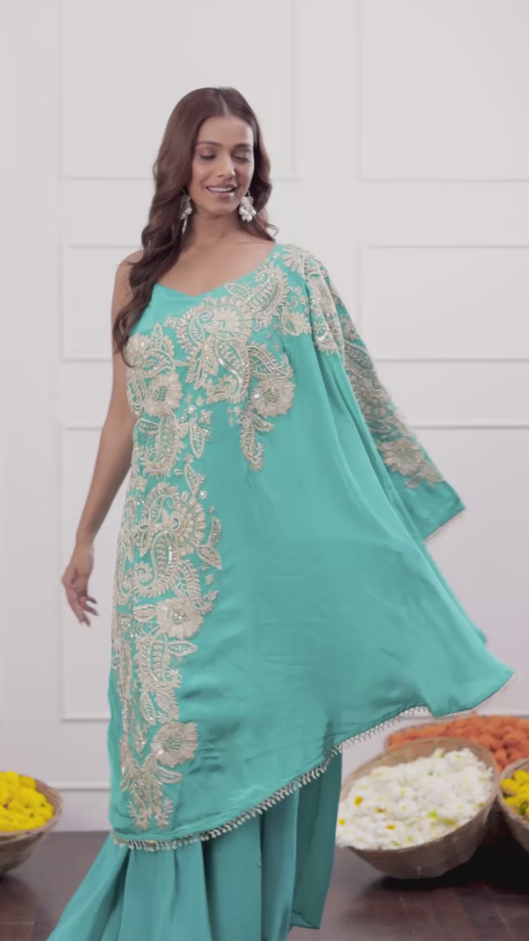 Teal Blue One Shoulder Indo-Western Dress