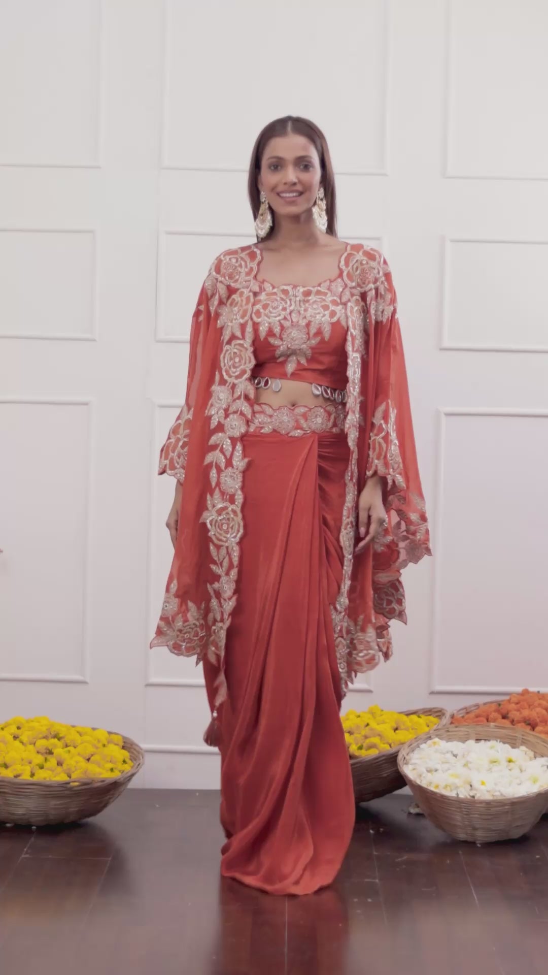 Rich Rust-Orange Long Shrug Indo-Western Dress