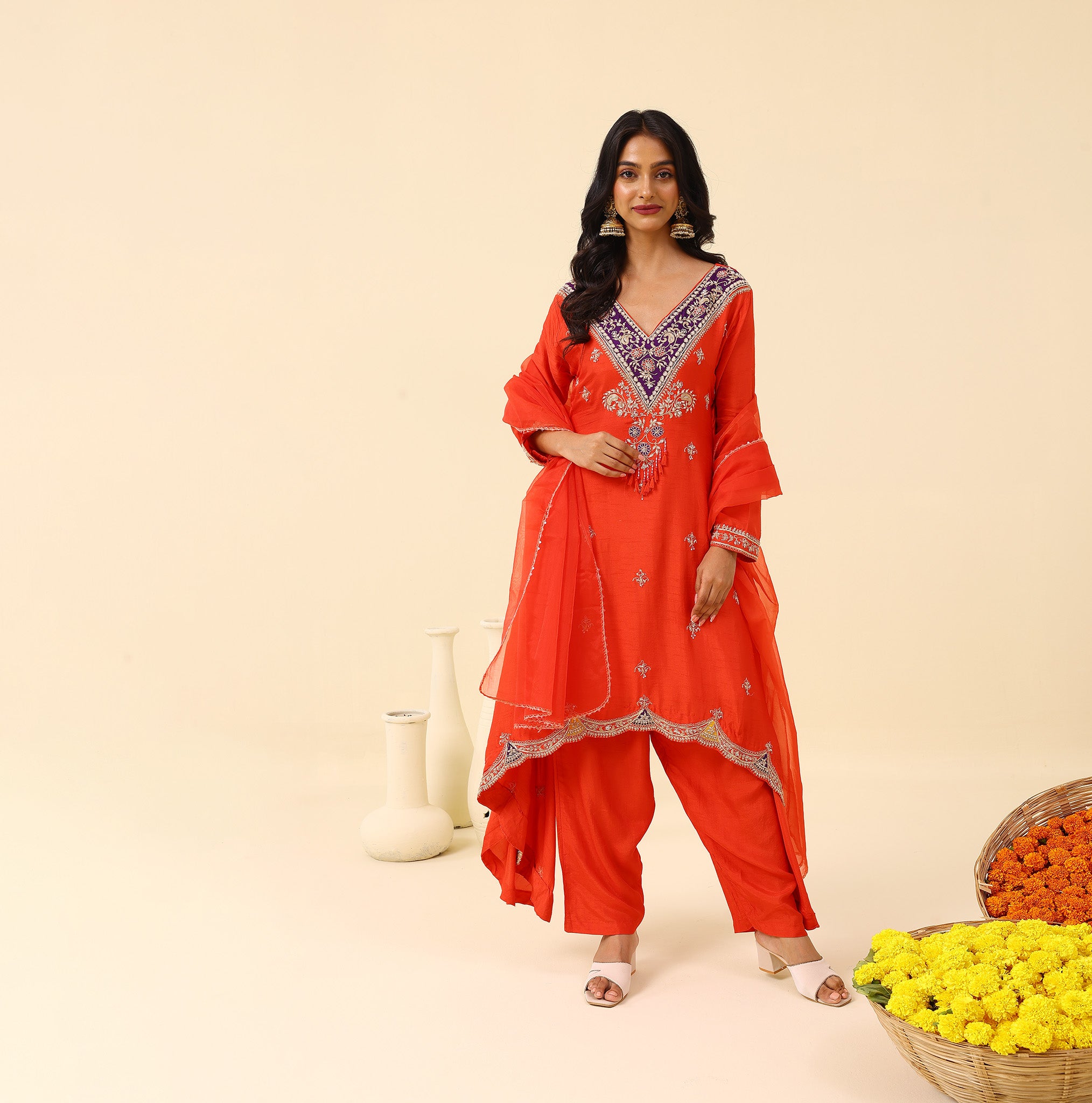 Orange Embroidered Salwar Suit Set