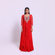 Red Designer Pleated Gown
