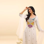 White Kurta Set with Colorful Embroidery