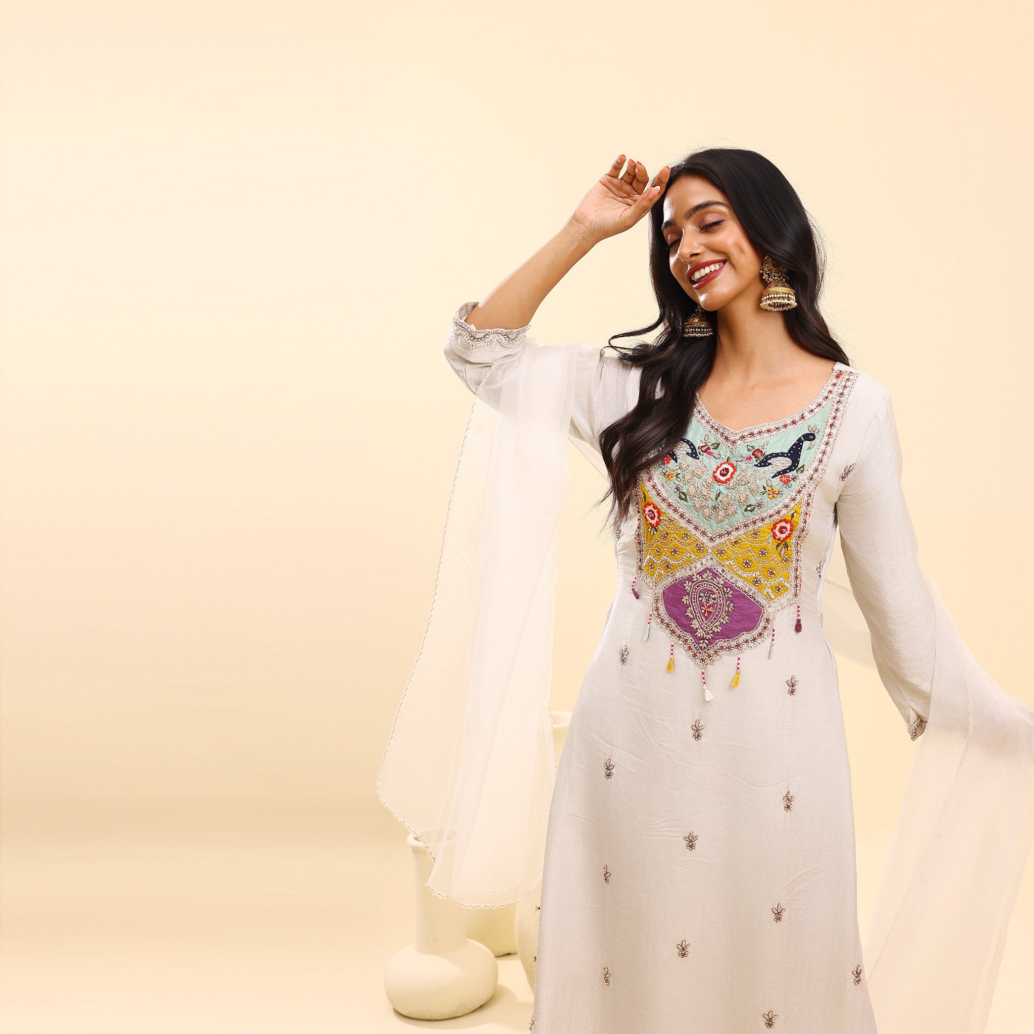 White Kurta Set with Colorful Embroidery